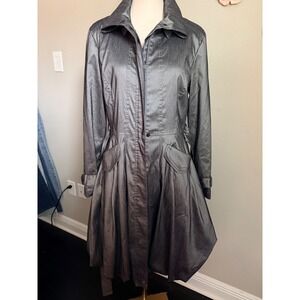 Vintage Chic Metallic Gray Bubble Trench Coat Belted Flared Skirt Collar